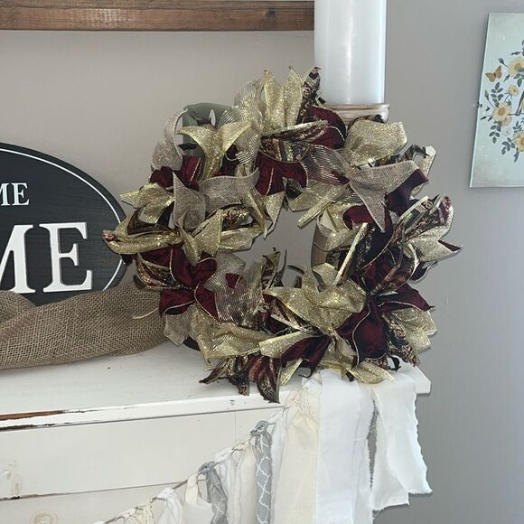 Handmade Dark Red Tan Gold Holiday Christmas Ribbon Twine Wreath Made on 12” - Picture 1 of 11